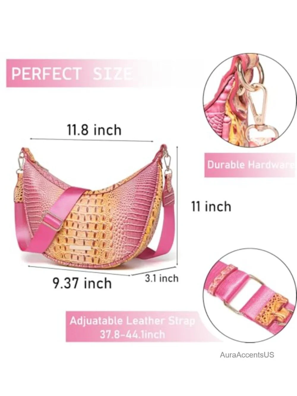 Crocodile Embossed Crescent Crossbody Hobo Bag Vegan Leather